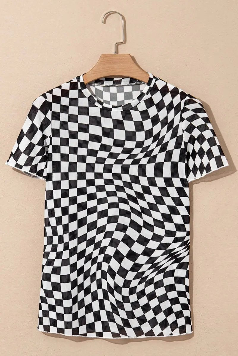 Black Checker Mesh Crew Neck T Shirt for Women Fashion - Love Salve